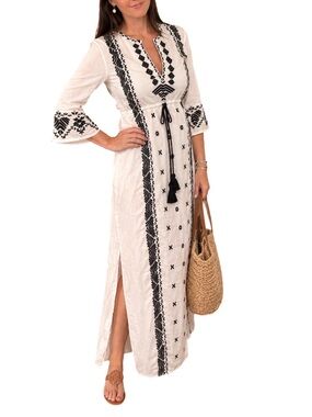 FIGUE NWOT White Black Embroidered Liana Kaftan Maxi Dress XS